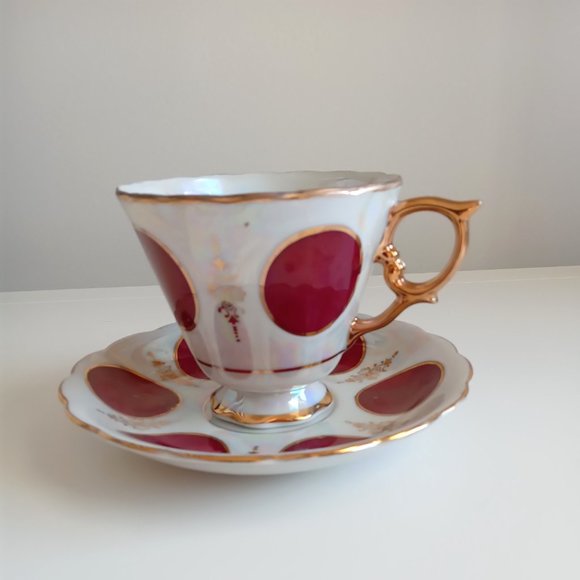 Lusterware Iridescent Pearl Glaze Footed Teacup & Saucer With Large Polka Dots - Picture 2 of 8